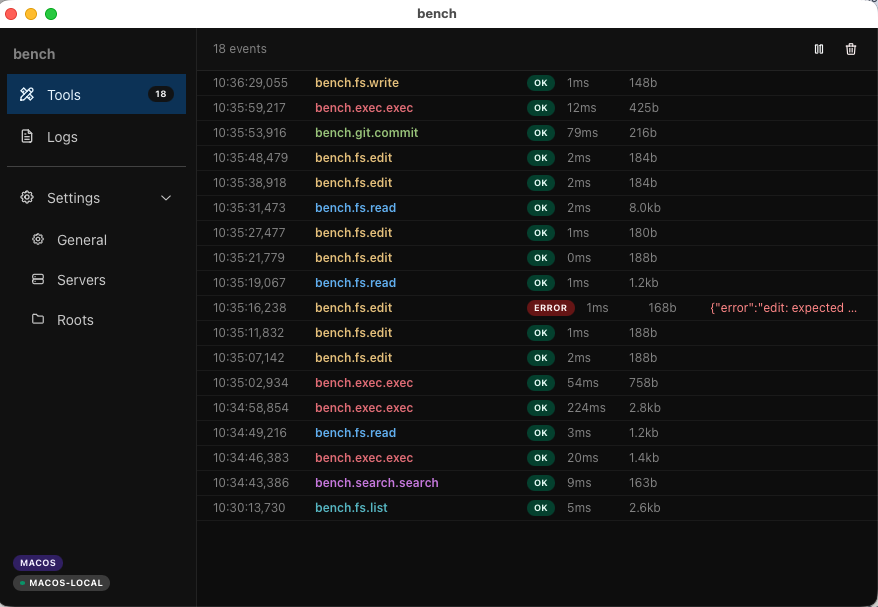bench Tools-Tab mit live Tool-Call Events